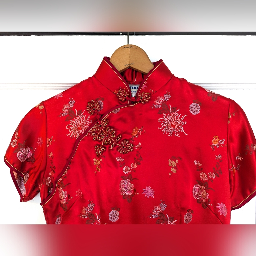 Vintage Long Red Satin Floral Asian Cheongsam Qipao Dress large 10